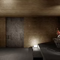 Hotel Lobby Interior With Brown Walls Gray Door Stone Platform Red Decorations And Ambient Lighting