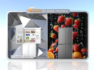 All Around Freshness Window Display Featuring Refrigerator With Fruits And Beverages 3d model