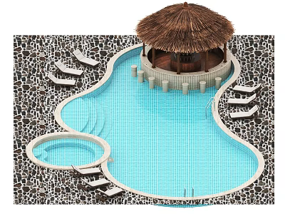 Tropical Swimming Pool Area With Thatched Pavilion Lounge Chairs And Stone Flooring 3d model