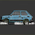 Abandoned Old Blue Rusty Car Parked On Stony Ground With Weeds