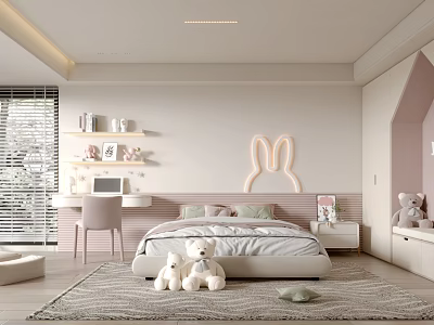 Kids Room Interior With Rabbit Shaped Headboard Stuffed Toys Desk Shelves And Soft Rug 3d model