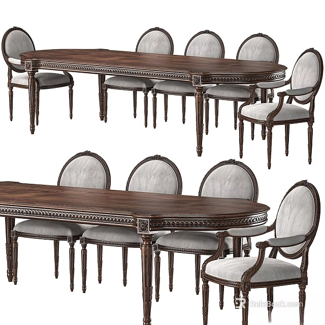 Classic Solid Wood Dining Table And Chairs Set With Carved Details And Upholstered Seats 3d model 