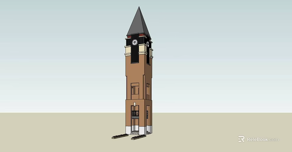 Tall Brown Brick Clock Tower With Steeple Door And Architectural Design 3d model 