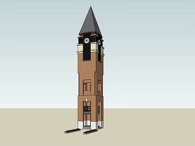 Tall Brown Brick Clock Tower With Steeple Door And Architectural Design 3d model
