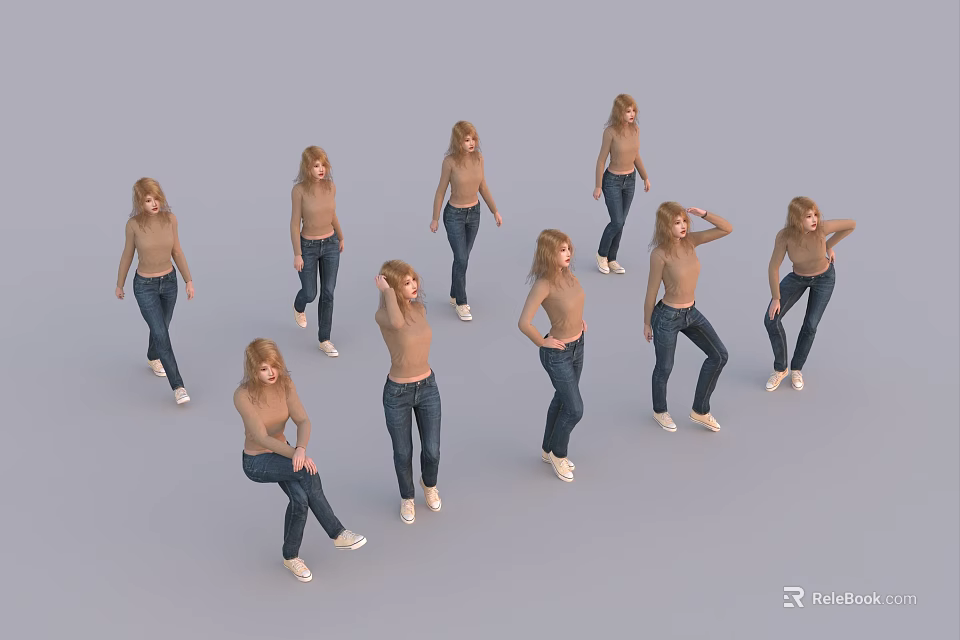Women In Beige Tops And Blue Jeans Posing In Various Styles On Gray Background 3d model 