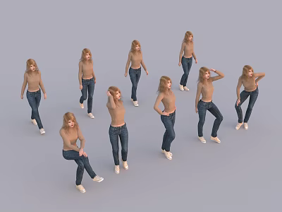 Women In Beige Tops And Blue Jeans Posing In Various Styles On Gray Background 3d model