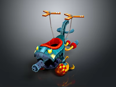 Cartoon Style Blue Mechanical Toy With Red Seat Yellow Lights And Orange Propellers 3d model