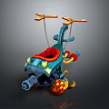 Cartoon Style Blue Mechanical Toy With Red Seat Yellow Lights And Orange Propellers