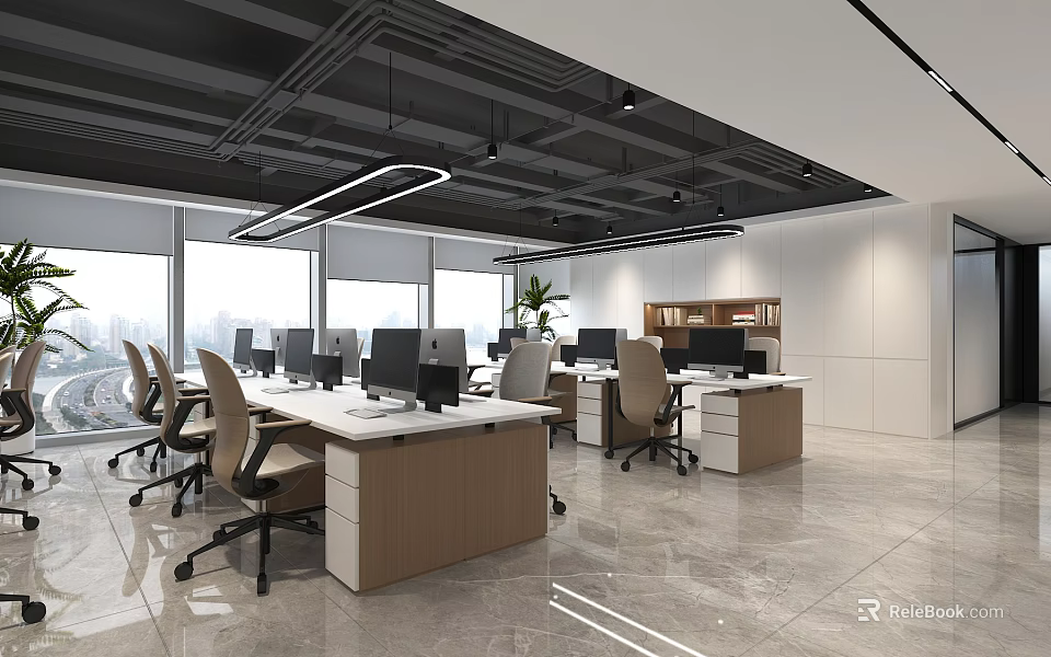 Modern Open Public Office Space With Desks Computers Office Chairs Windows And Green Plants 3d model 