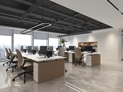 Modern Open Public Office Space With Desks Computers Office Chairs Windows And Green Plants 3d model