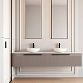 Modern Washbasin Vanity Design With Double Sink Mirror Lighting And Striped Cabinet Interior