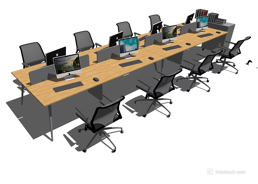 Long Wooden Office Desk With Multiple Computer Monitors And Black Office Chairs 3d model 