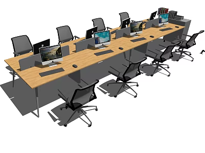Long Wooden Office Desk With Multiple Computer Monitors And Black Office Chairs 3d model