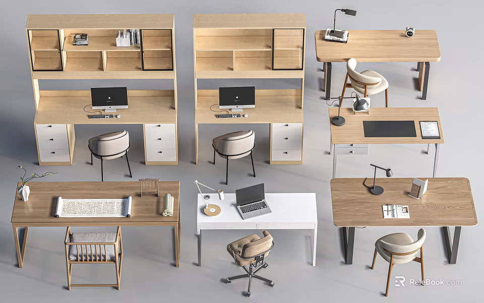 Modern Desk Designs With Wooden And White Surfaces Chair Lamp Laptop And Storage 3d model 