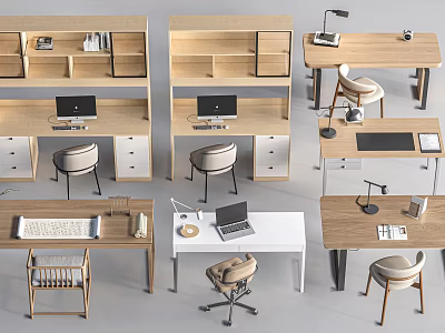 Modern Desk Designs With Wooden And White Surfaces Chair Lamp Laptop And Storage 3d model