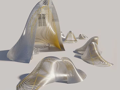 Decorative Streamlined Metal Garden Ornaments With Wave Like Shapes And Gold Silver Lines 3d model