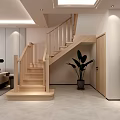 Modern Wooden Staircase in Light Colored Interior With Sofa Plant and Cabinet