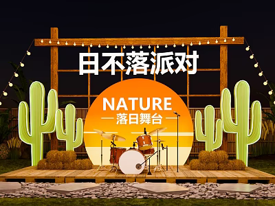 Nature Sunset Stage Photo Check In Spot With Wooden Frame String Lights Green Cactus 3d model