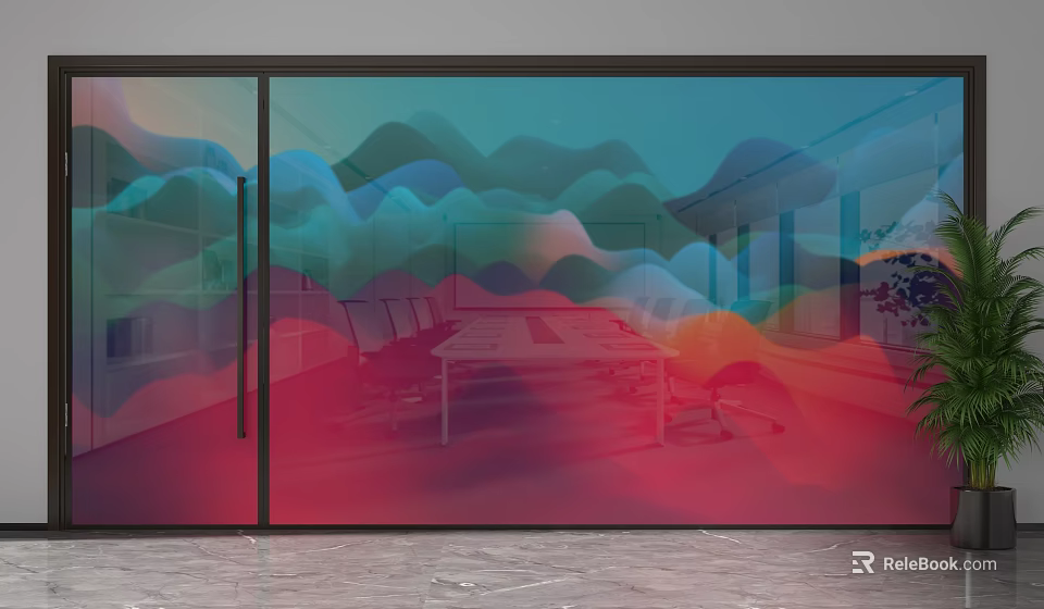 Modern Colorful Glass Partition With Mountain Pattern For Office Meeting Room Interior Design 3d model 