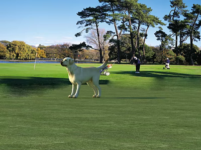 Yellow Labrador Dog Standing On Green Golf Course With Trees Lake And People 3d model