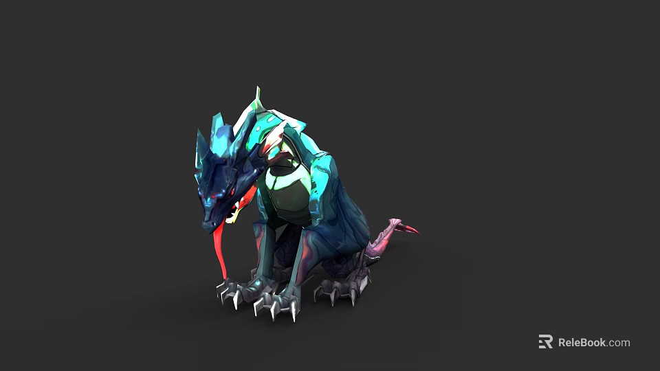 Fantasy Reptile 3D Model With Blue Green Body Spiked Back And Red Tongue 3d model 