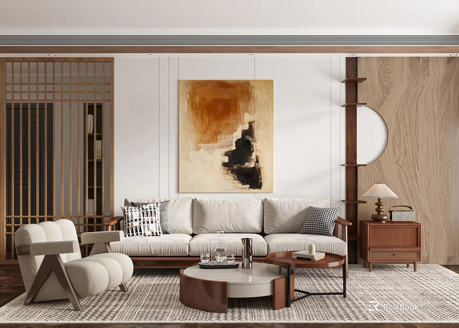 Modern Living Room Interior with Wooden Lattice Abstract Painting Beige Sofa and Round Coffee Table 3d model 