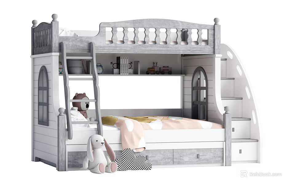 Kids Bunk Bed With White Gray Frame Stairs Storage And Cozy Design 3d model 