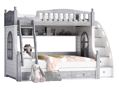Kids Bunk Bed With White Gray Frame Stairs Storage And Cozy Design 3d model