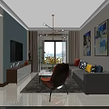 Modern Dining and Living Room Interior With Dining Table Chairs Hanging Lights Wall Art Sofa