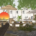 Japanese Style Café Outdoor Space With Straw Umbrellas White Parasols Wooden Deck And Green Plants