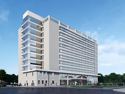 Modern Office Building Exterior Design With Glass Facade Light-colored Exterior And Greenery 3d model