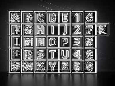 3D Alphabet Numbers In Square Grid With White Elements And Line Decorations On Black Background 3d model