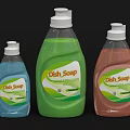 Three Bottles Of Dish Soap With Different Colors And Fresh Scents