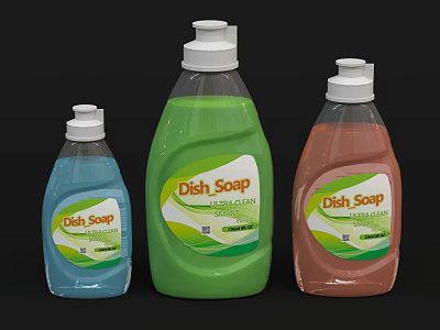 Three Bottles Of Dish Soap With Different Colors And Fresh Scents 3d model