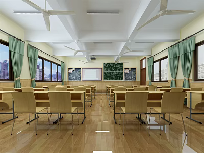 School Classroom Interior With Desks Chairs Blackboard Windows Wooden Floor And Ceiling Fans 3d model