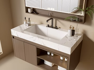 Modern Bathroom Vanity With Marble Countertop Wooden Cabinet Mirror Toiletries And Potted Plant 3d model