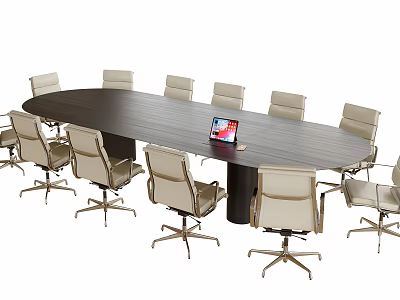 Oval Dark Wood Conference Table With Modern Wheeled Chairs And Laptop On Top 3d model
