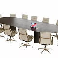 Oval Dark Wood Conference Table With Modern Wheeled Chairs And Laptop On Top
