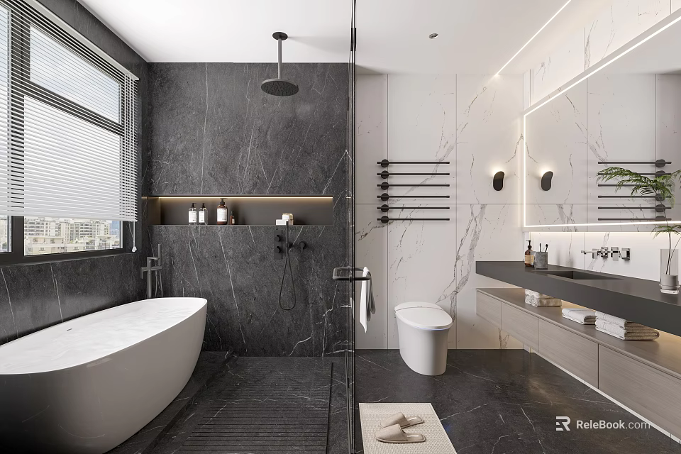Modern Bathroom Interior Design With Dark Marble Walls White Bathtub And Vanity Mirror 3d model 