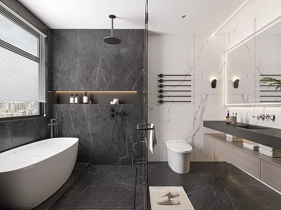 Modern Bathroom Interior Design With Dark Marble Walls White Bathtub And Vanity Mirror 3d model
