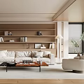 Modern Living Room Interior Design With Beige Sofa Wooden Bookshelf Coffee Table And Floor Lamp