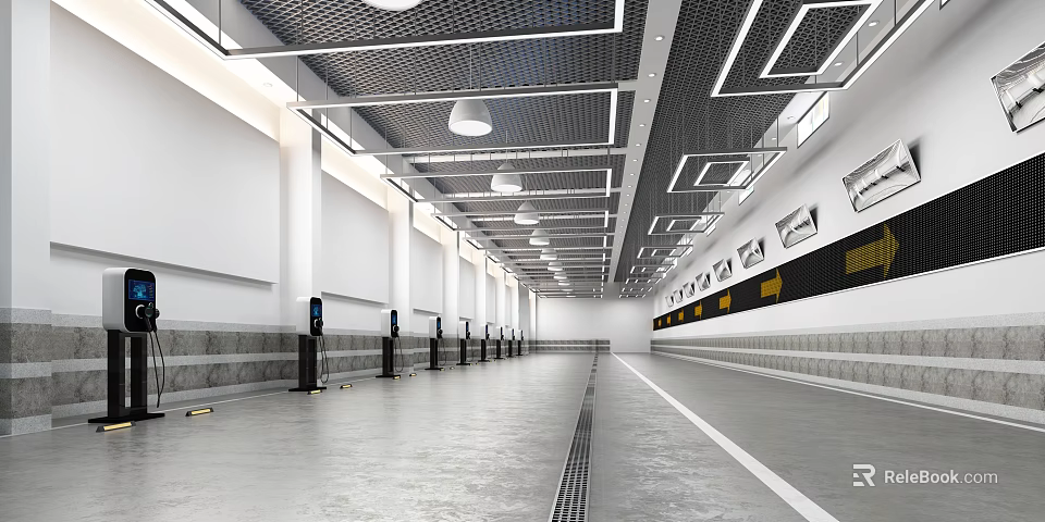Modern Parking Garage with White Walls Gray Floors Ceiling Lights Charging Stations Black Yellow Signboards 3d model 