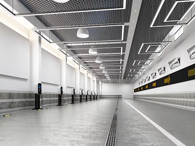 Modern Parking Garage with White Walls Gray Floors Ceiling Lights Charging Stations Black Yellow Signboards 3d model
