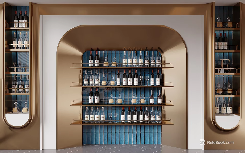 Elegant Modern Wine Cabinet Design With Multiple Shelves Gold Frame Wine Bottles And Glassware 3d model 