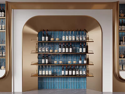 Elegant Modern Wine Cabinet Design With Multiple Shelves Gold Frame Wine Bottles And Glassware 3d model