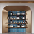 Elegant Modern Wine Cabinet Design With Multiple Shelves Gold Frame Wine Bottles And Glassware