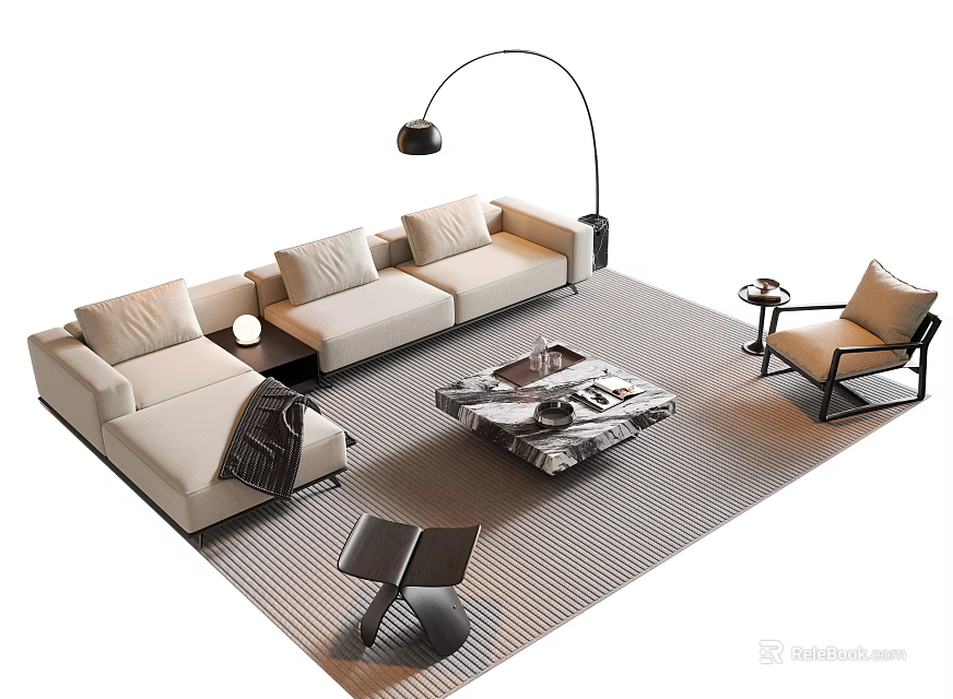 Modern Beige Sectional Sofa and Coffee Table Set with Wooden Top Floor Lamp Accent Chair and Rug 3d model 