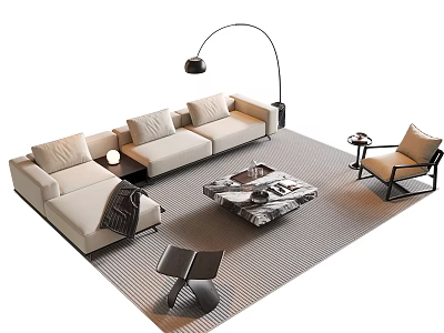 Modern Beige Sectional Sofa and Coffee Table Set with Wooden Top Floor Lamp Accent Chair and Rug 3d model