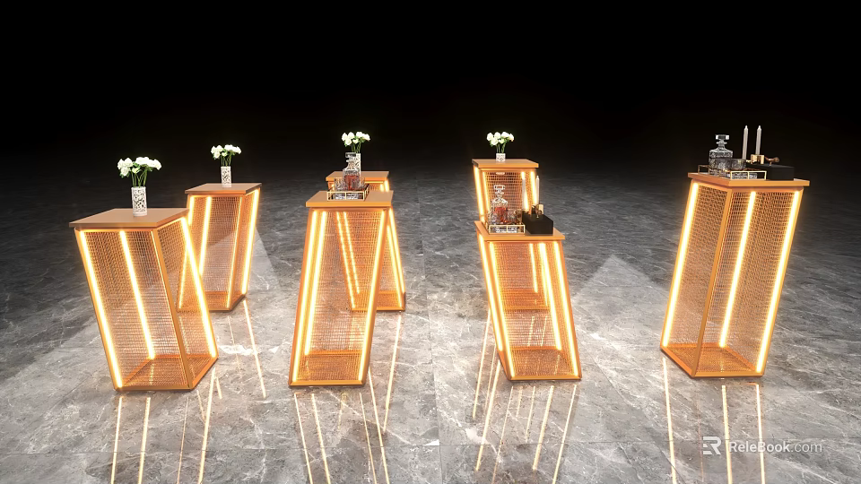 Multiple Modern Display Shelves with Golden Lighting on Marble Floor for Decor and Small Products 3d model 