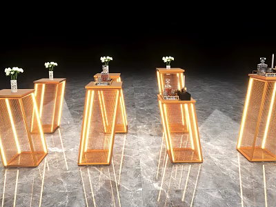 Multiple Modern Display Shelves with Golden Lighting on Marble Floor for Decor and Small Products 3d model